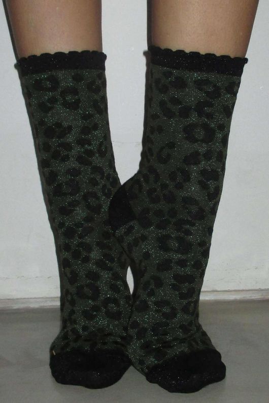 Leopard Scalloped Glitter Socks Olive Black